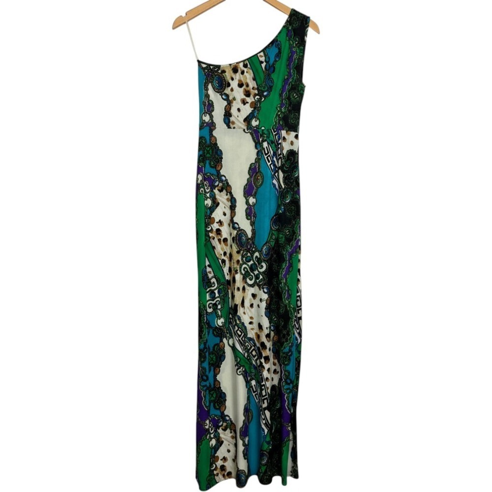 One Shoulder Savannah Studio Maxi Dress Womens M Green Santorini Scarf Print